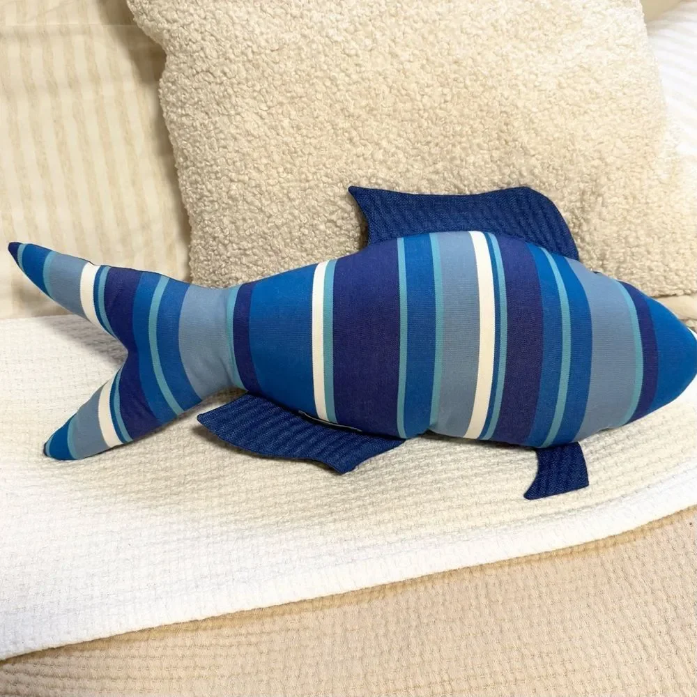 Fresh Catch Blue Striped Handcrafted Nautical Coastal Cottage Fish Accent Pillow